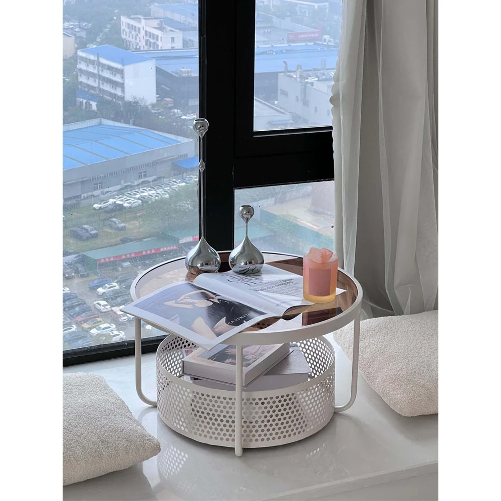 网红窗台多功能小桌子家用双层炕几简约现代铁艺飘窗茶几钢化