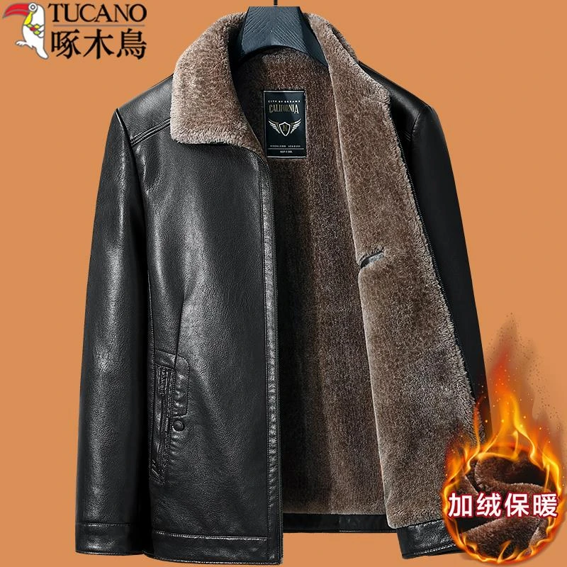 啄木鸟中老年男皮衣加绒加厚皮毛一体爸爸冬装外套老人男装皮夹克