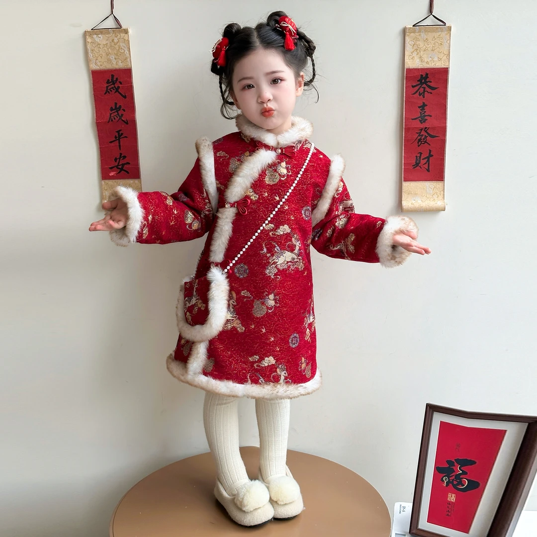 女童拜年服冬季2025新款儿童洋气女宝宝中国风加绒冬装旗袍连衣裙