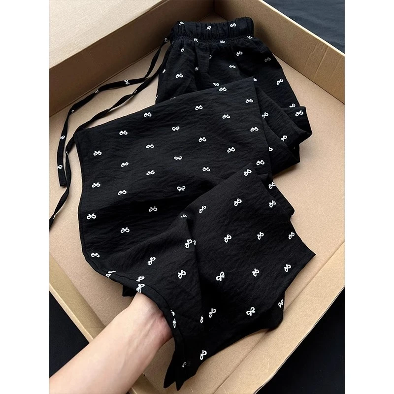 黑色蝴蝶结阔腿裤女春夏高腰垂感休闲显瘦宽松慵懒直筒山本长裤子