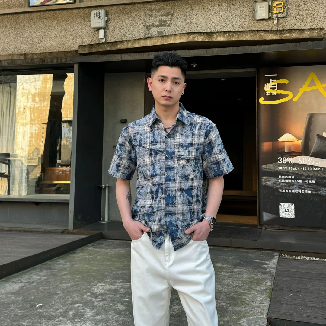 GP2 2025SS扎染格子棉质男士夏季宽松休闲衬衣韩版慵懒风短袖衬衫