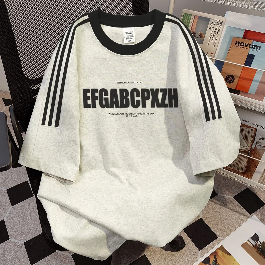 美式复古三条杠短袖t恤男女款潮牌字母印花宽松半袖衣服情侣上衣