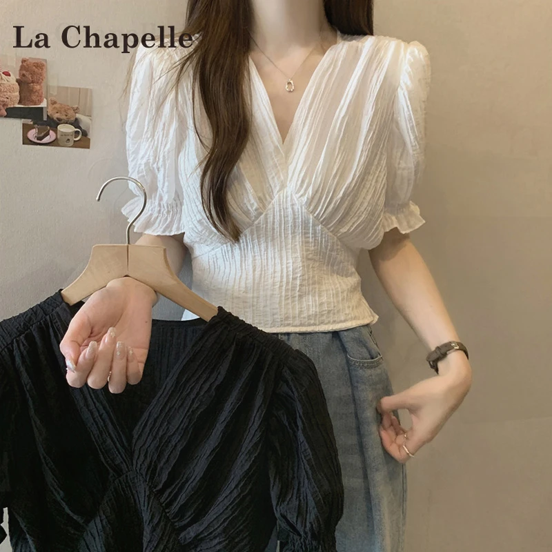 拉夏贝尔大码显瘦v领短袖t恤女2025新款夏季小个子泡泡袖打底上衣