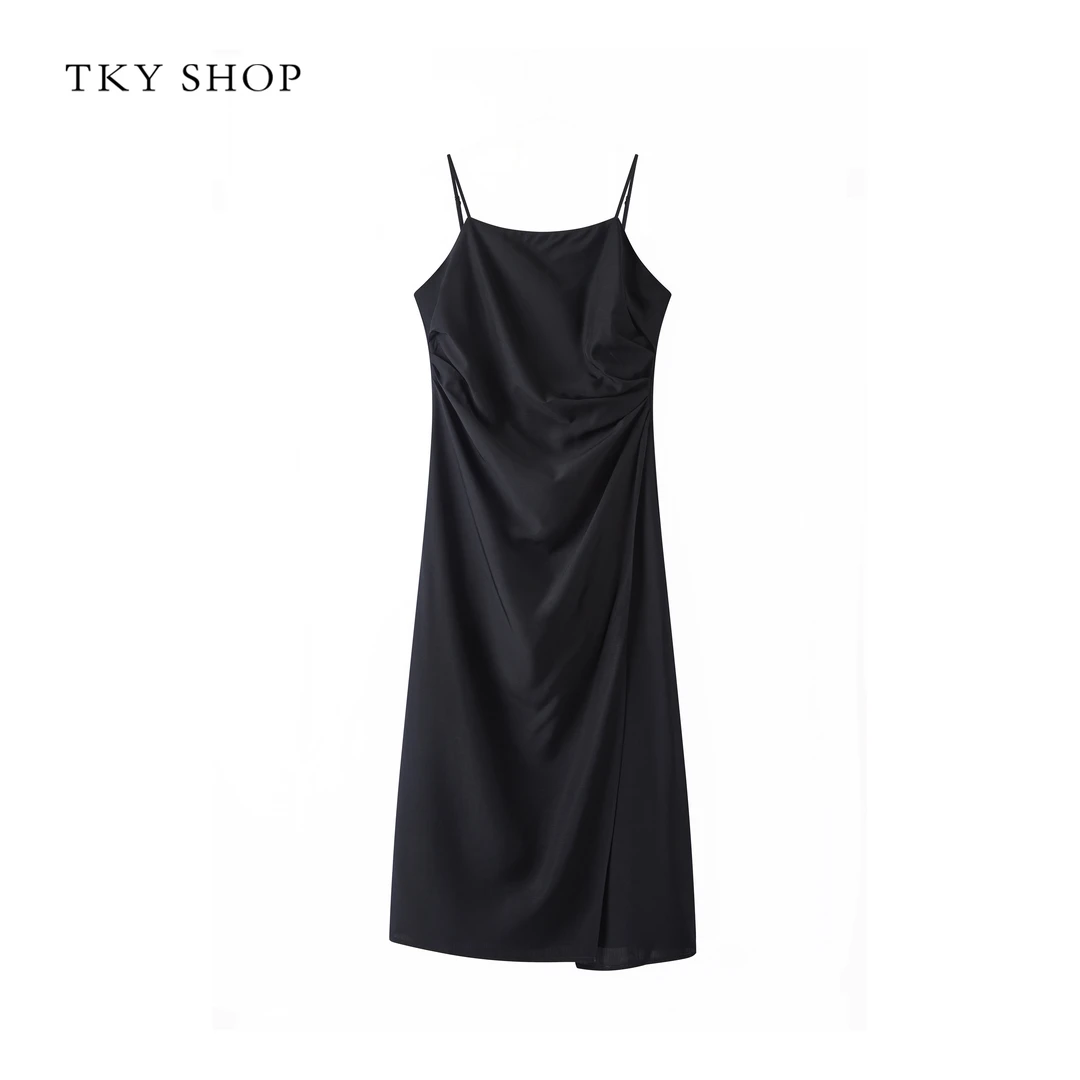 TKYSHOP满分醋酸吊带连衣裙黑色无袖吊带裙收腰显瘦 10H1WA00B153
