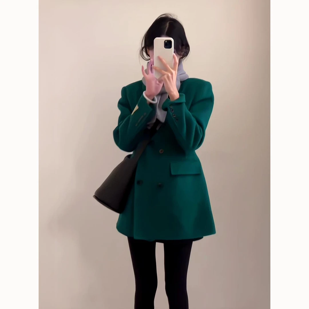 韩系高级感绿色收腰加厚毛呢外套小个子高级感气质双排扣呢子大衣