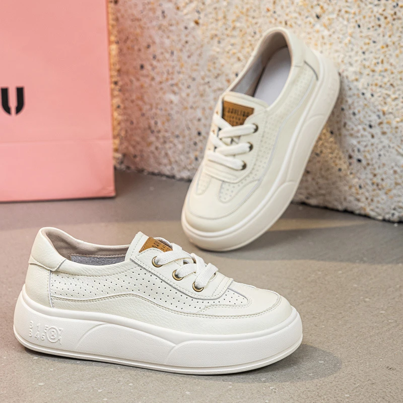真皮浅口小白鞋女2025春季新款单鞋平底休闲百搭透气镂空运动板鞋