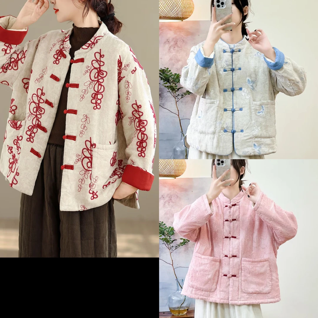 101-299（棉服） 新中式国风秋冬季棉麻厚款长袖棉服古风外套