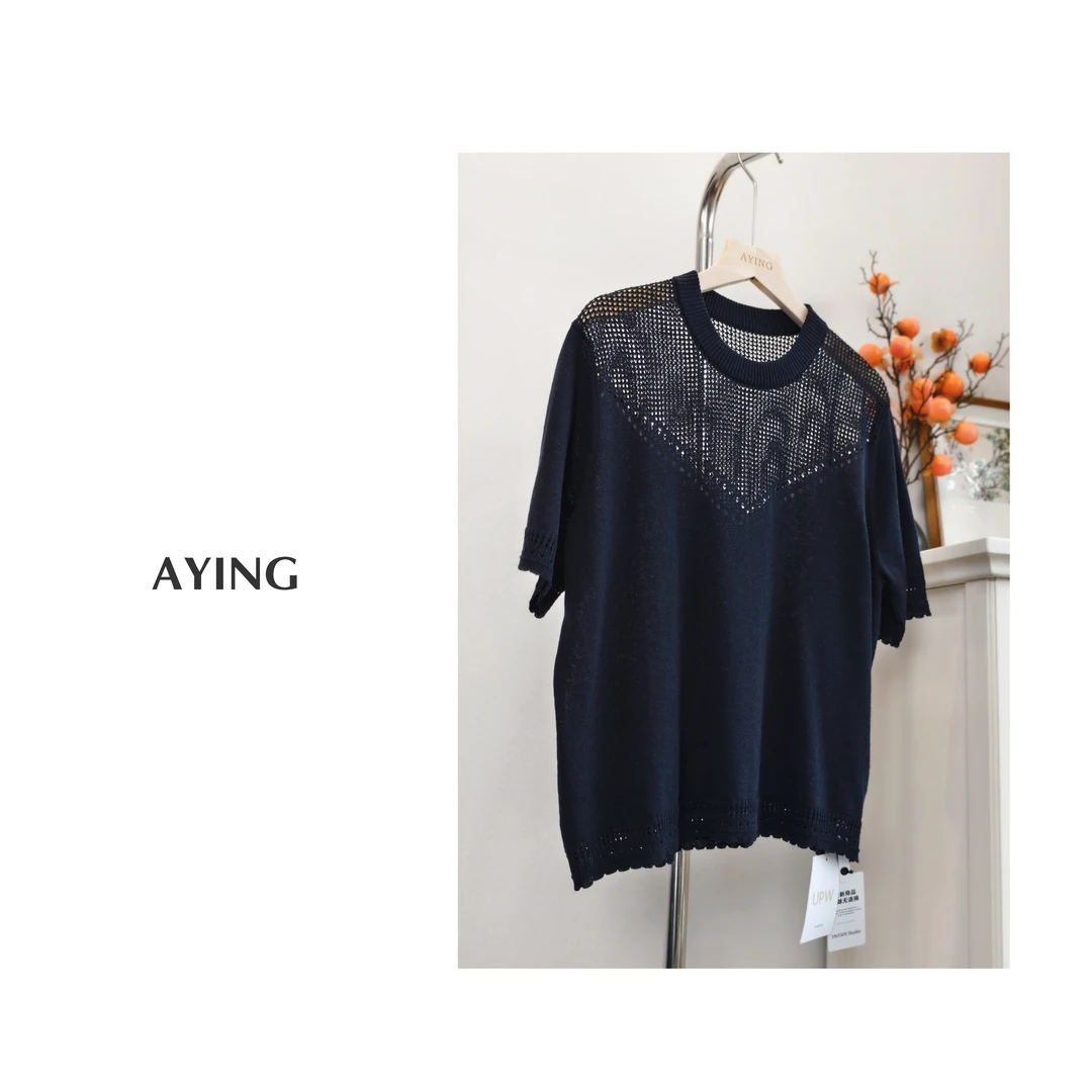 AYING   女夏  UPW亚麻棉纱混纺 镂空花边短袖针织衫