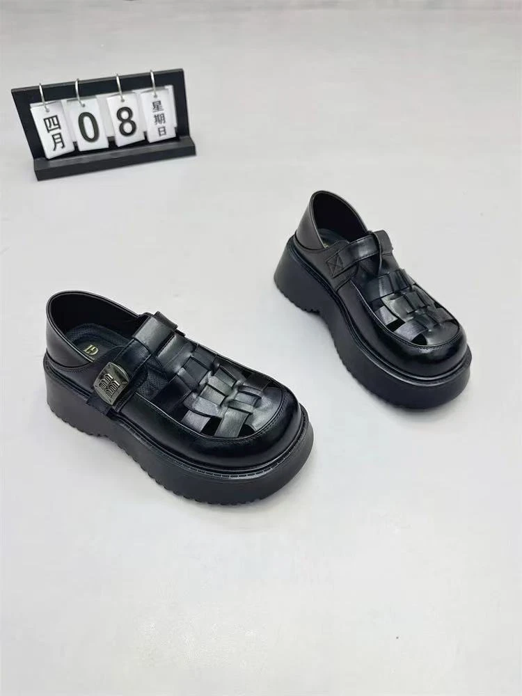 1165女鞋2025夏新款厚底两穿罗马凉鞋魔术贴镂空编织猪笼鞋洞洞鞋