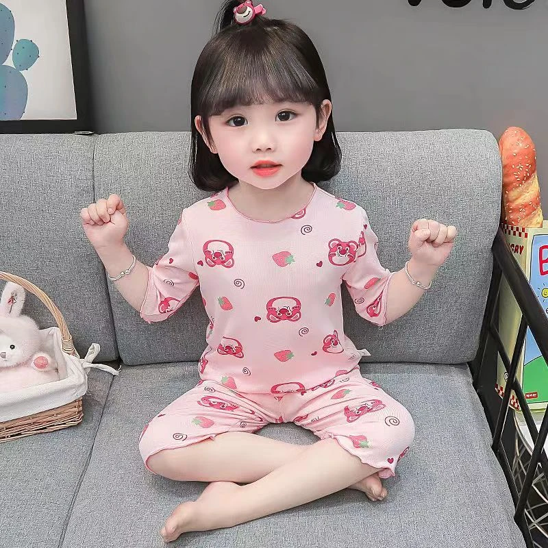 儿童睡衣夏季冰丝套装女宝宝薄款空调服套装女童卡通短袖家居服