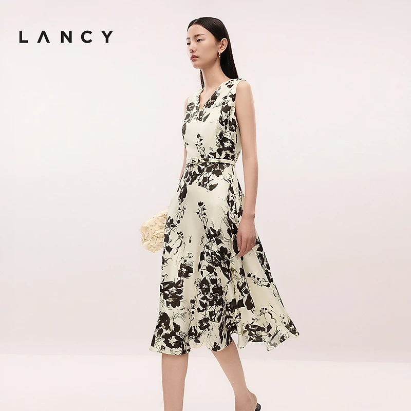 LANCY/朗姿2025夏季新款水墨印花气质V领收腰无袖中国风连衣裙长