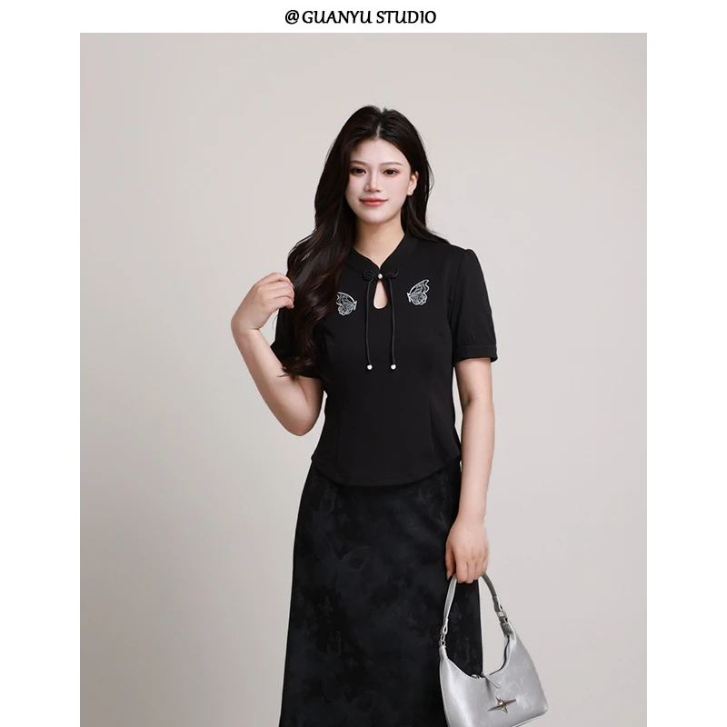 LX【 蝴蝶物语】蛋妹大码女装胖mm夏季蝴蝶刺绣精致气质上衣DM29616