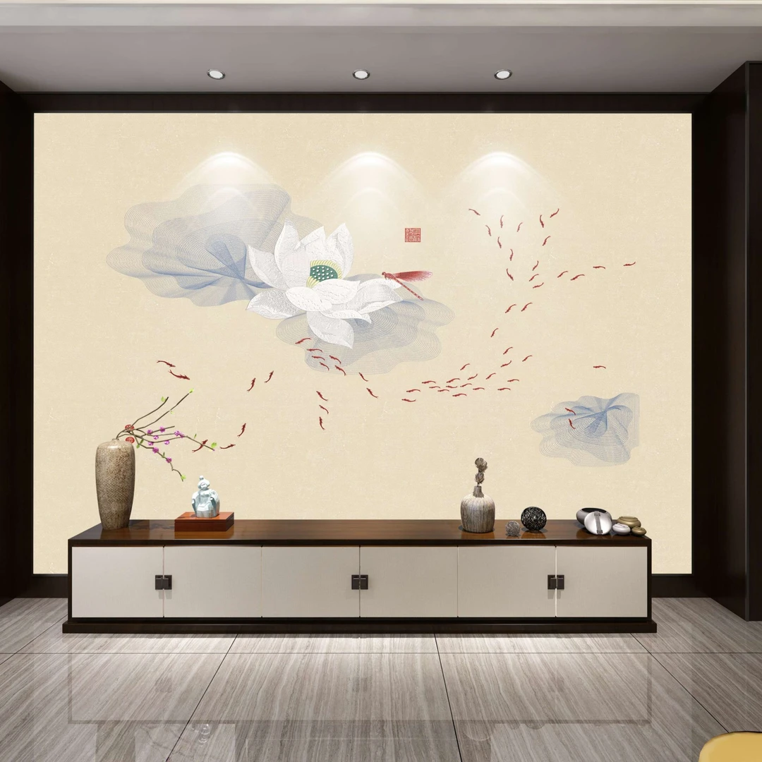 新中式正宗黄色工艺墙布简约荷花系列似水年华黄色背景尺寸可定制