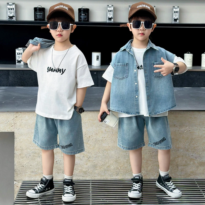 男童夏季短袖套装洋气儿童牛仔马甲三件套2025新款时髦宝宝衣服潮