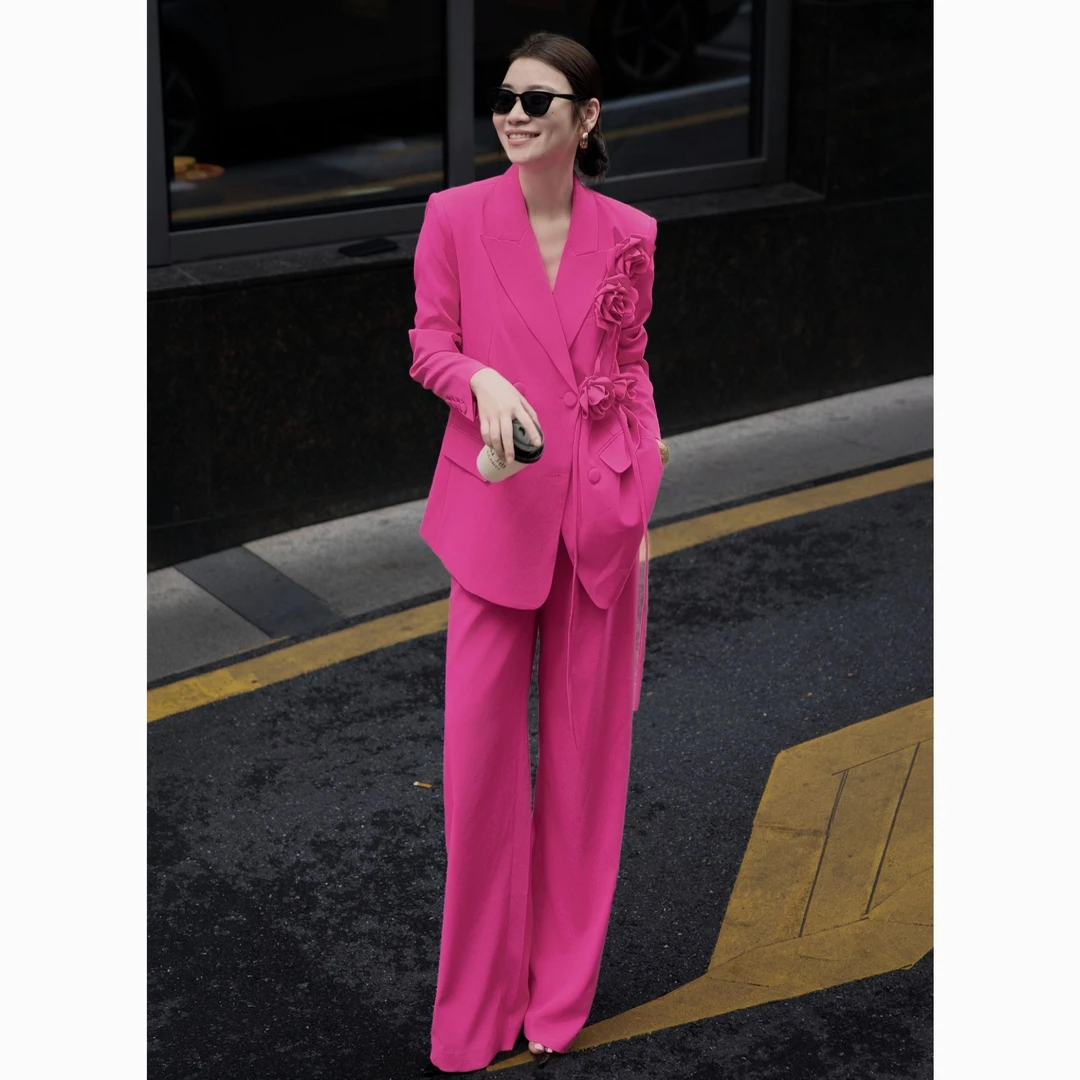 ZEROYK时尚套装女2025秋季女神气质立体花朵宽松西装两件套