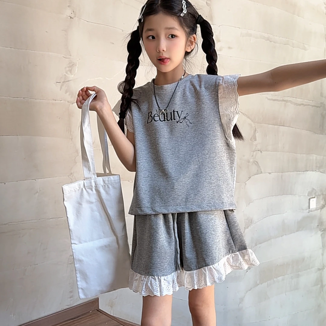 2025夏季新款大女童运动套装棉质花边圆领拼接娃娃衫+短裤两件套