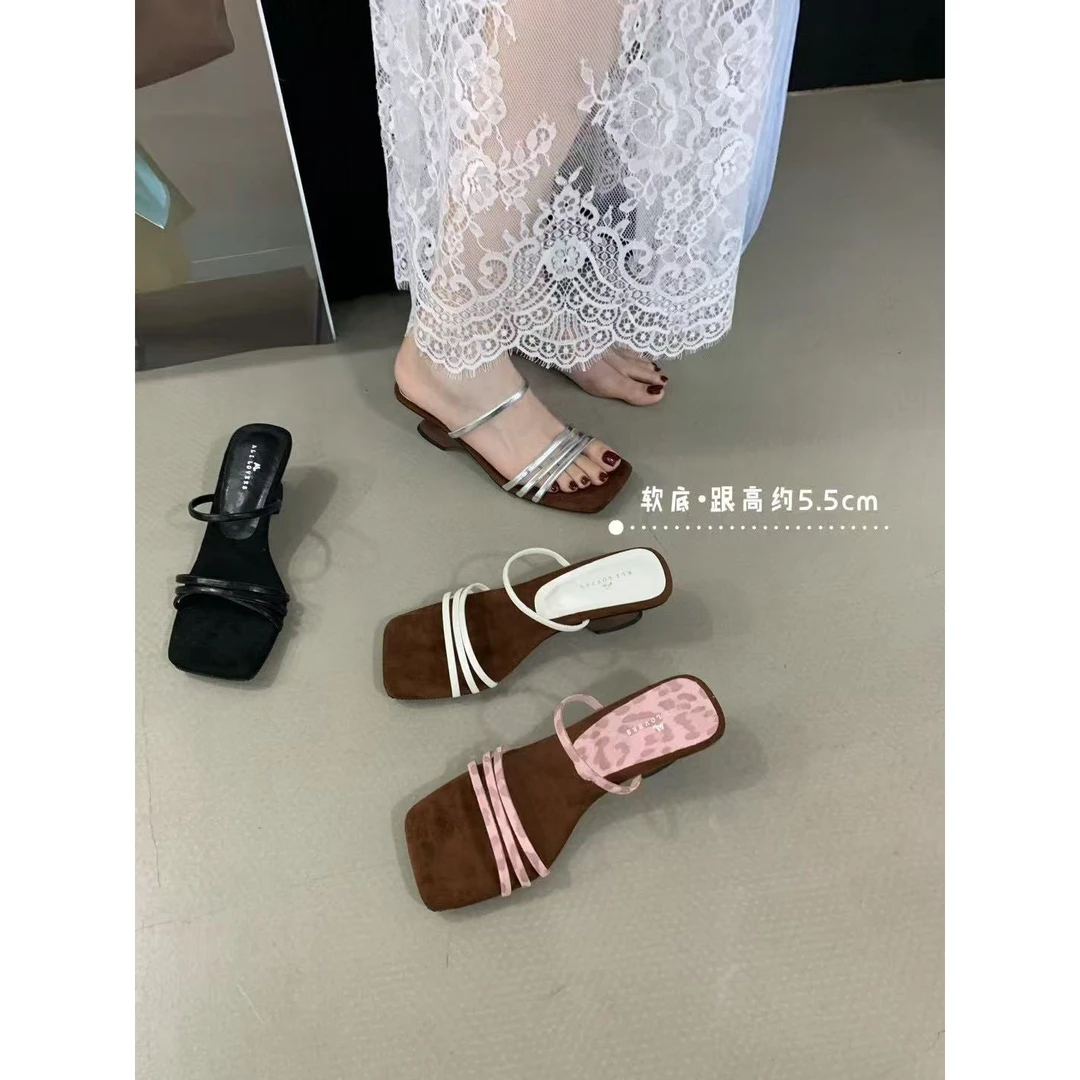 法式气质方头坡跟凉拖鞋细带设计露趾高跟鞋夏季仙女鞋T08-03