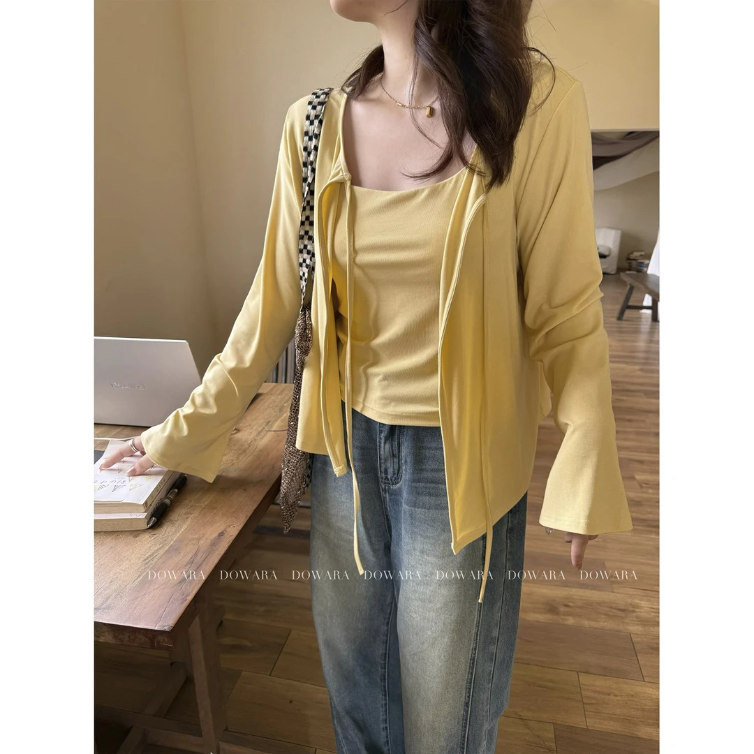 现货9825D大婉酱微胖定制【悉尼套装】韩系针织套装吊带开衫两件套