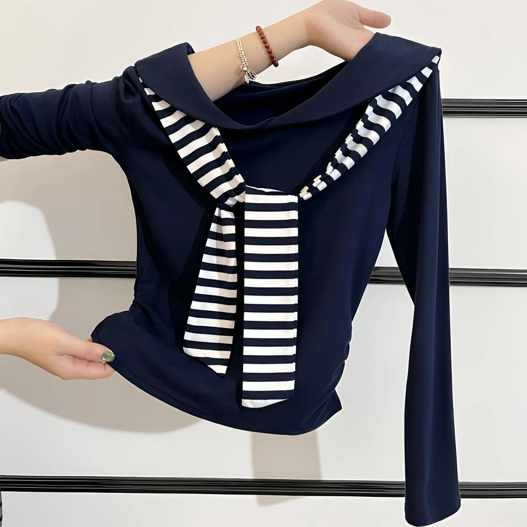 颜色绝绝子！藏青色海军领长袖t恤女早秋季新款条纹领带拼接上衣