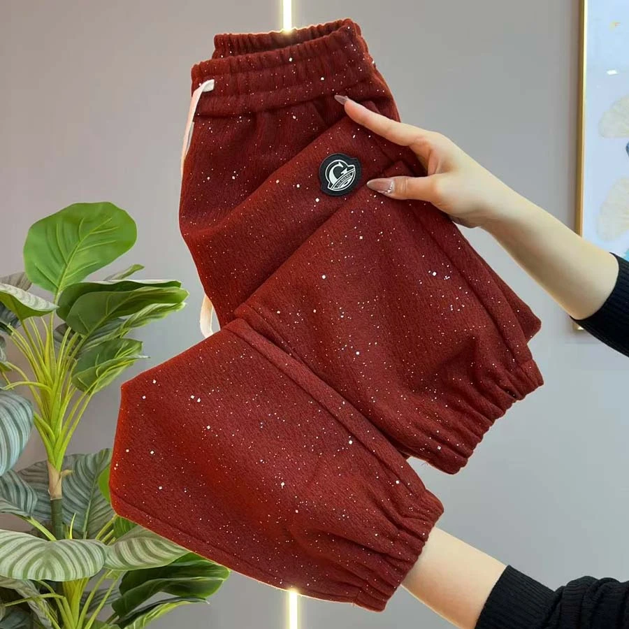 2025早春爆款满天星休闲裤女高腰加厚显瘦洋气直筒九分束脚哈伦裤