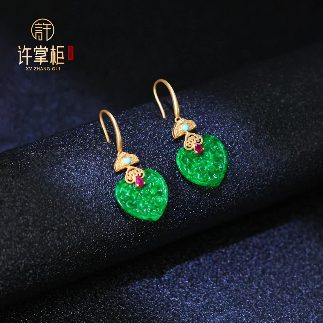 YGY｜18K金翡翠耳环天然缅甸翡翠A货国潮雕刻爱心配饰精致百搭精美