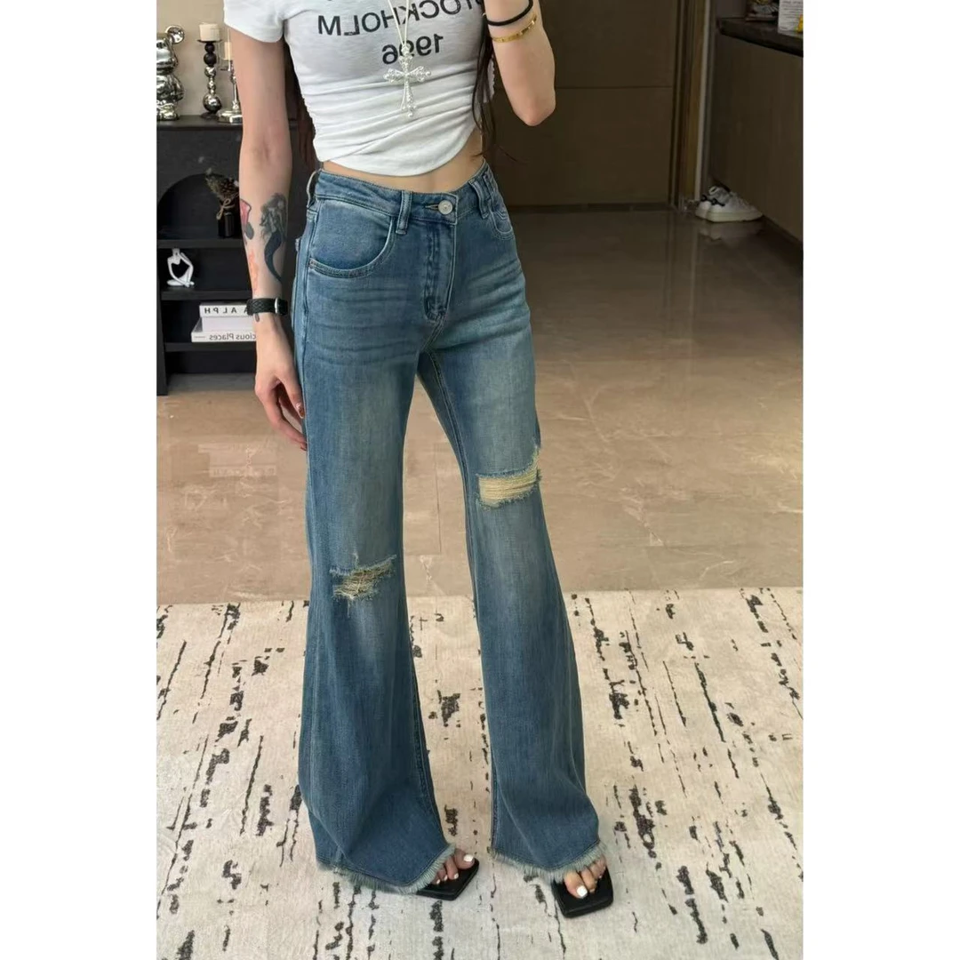 青青同款高腰夏季松弛牛仔裤小众阔腿微喇蓝色显瘦