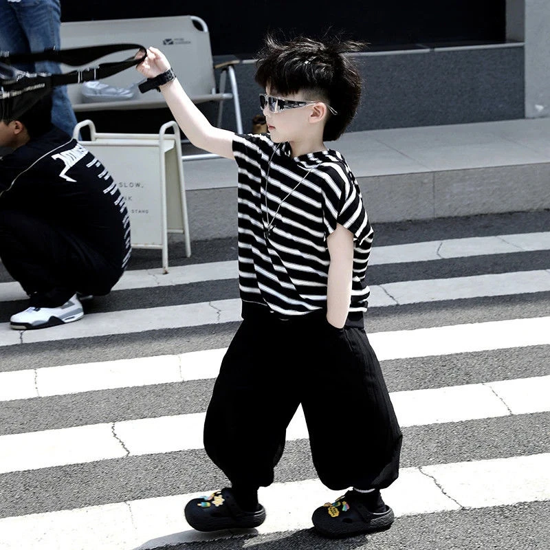 儿童夏季新款套装男童轻薄透气条纹连帽背心宽松轻薄防蚊裤两件套