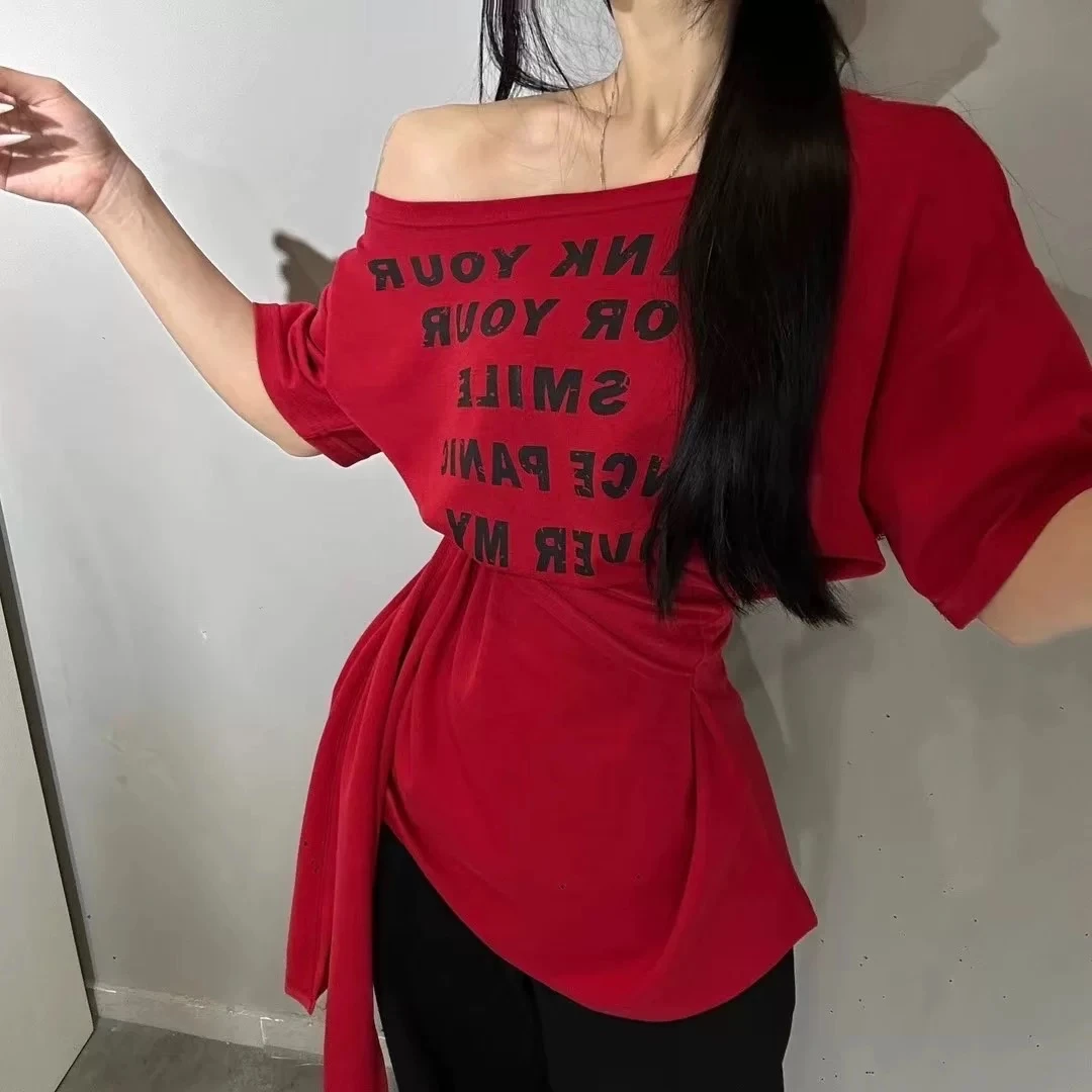 K.ONE 印花宽松型绑带短袖中长款T恤气质红色短款收腰时尚