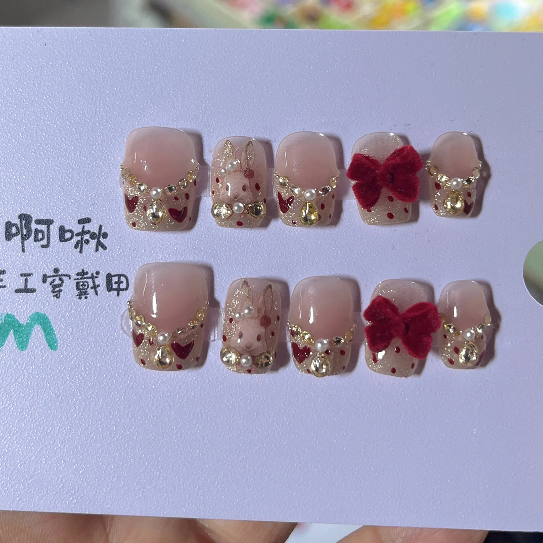 新年斑纹金色兔子蝴蝶结穿戴甲气质镶钻冰透秋冬高级显白粉色裸色