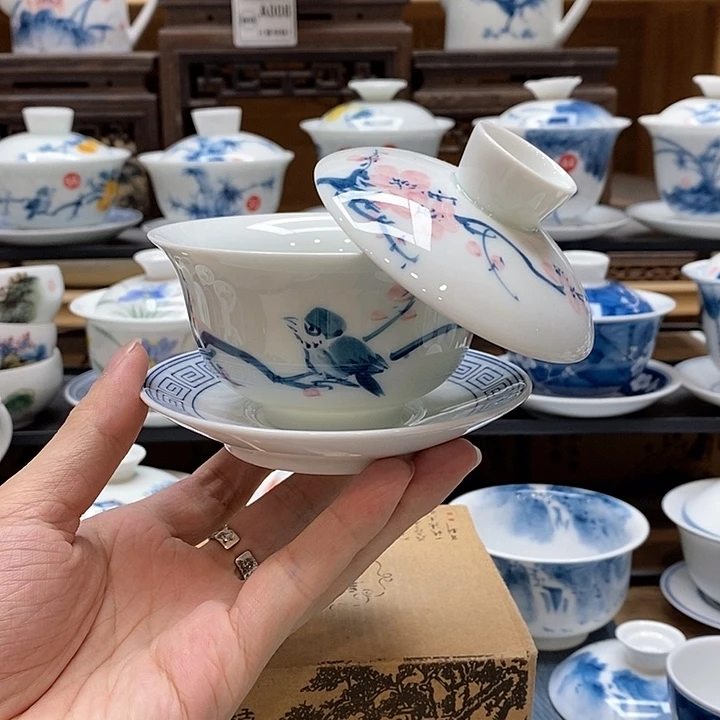 手绘喜上眉梢盖碗150cc釉下彩微瑕福利款