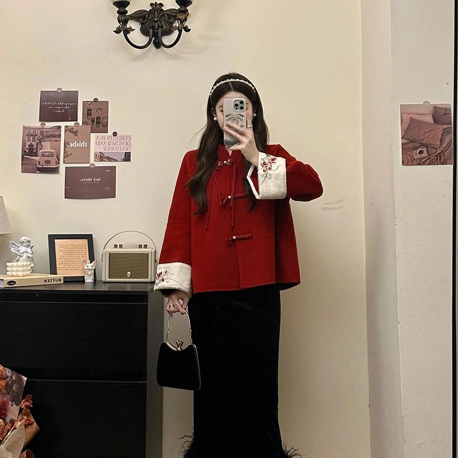 大码女装新中式红色过年双面呢大衣胖MM秋冬毛呢外套半身裙两件套