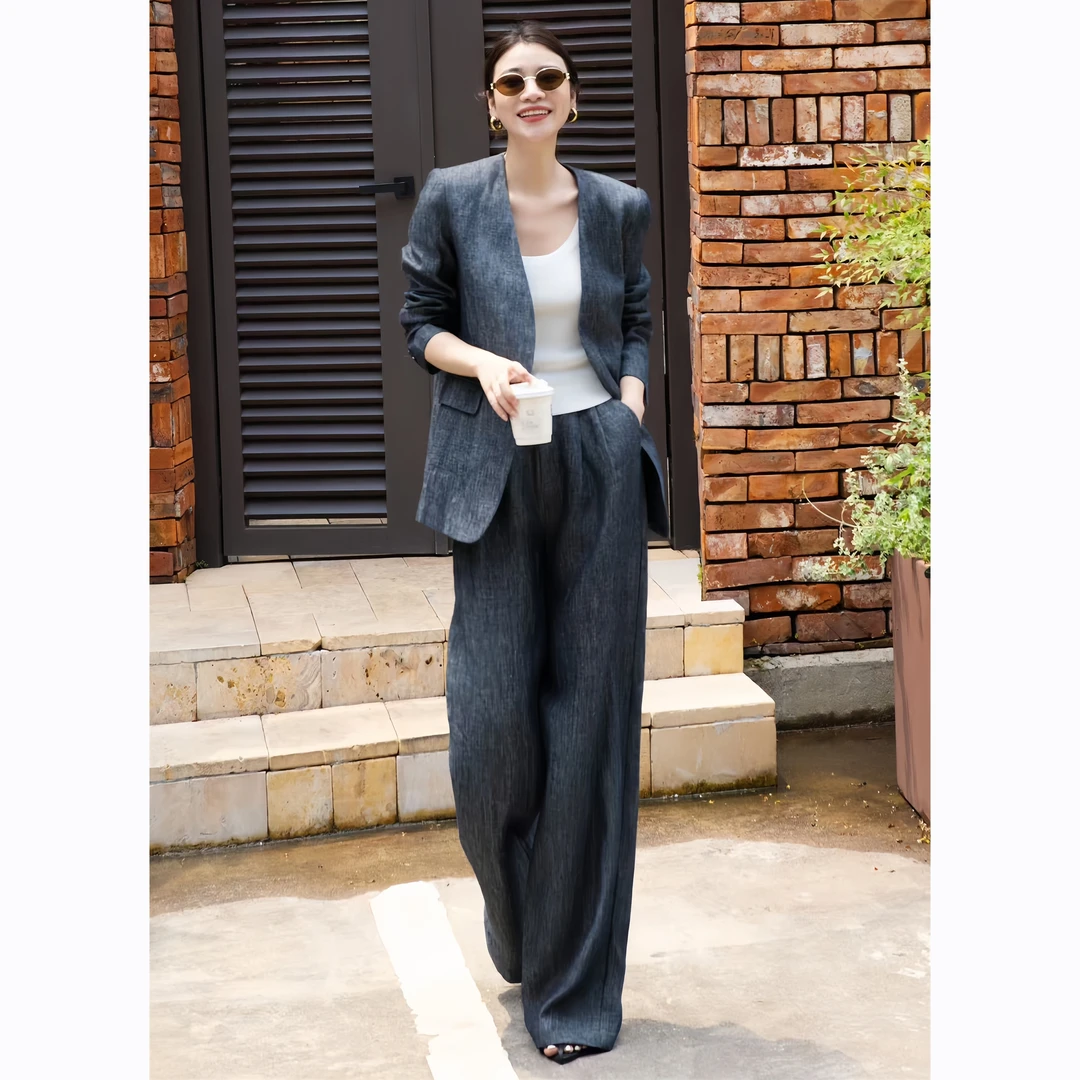 ZEROYK灰色亚麻西服套装女高级老钱松弛感宽松西服长裤职业两件套