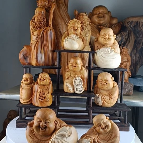 透****香榧木崖柏弥勒手把弥勒