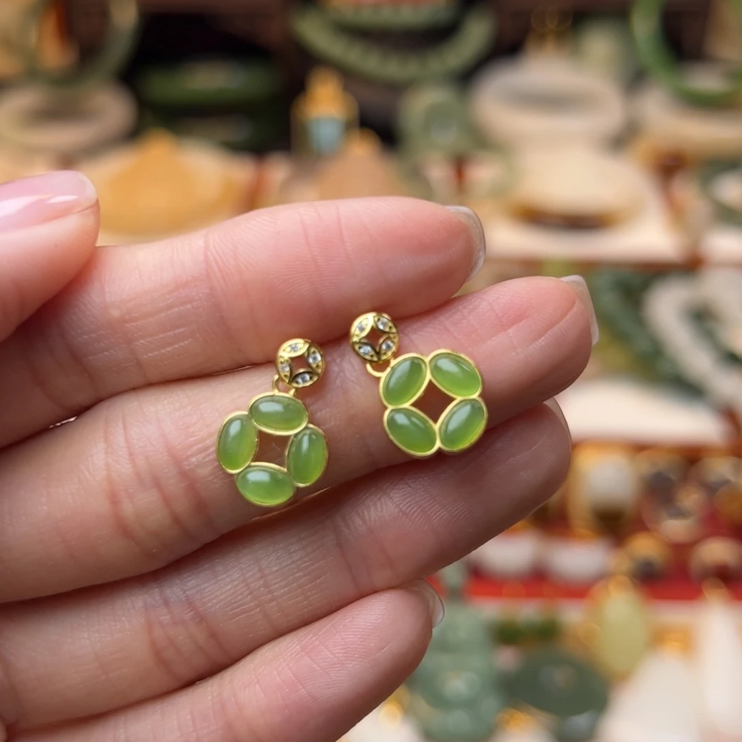 和田玉耳饰银S925镶嵌