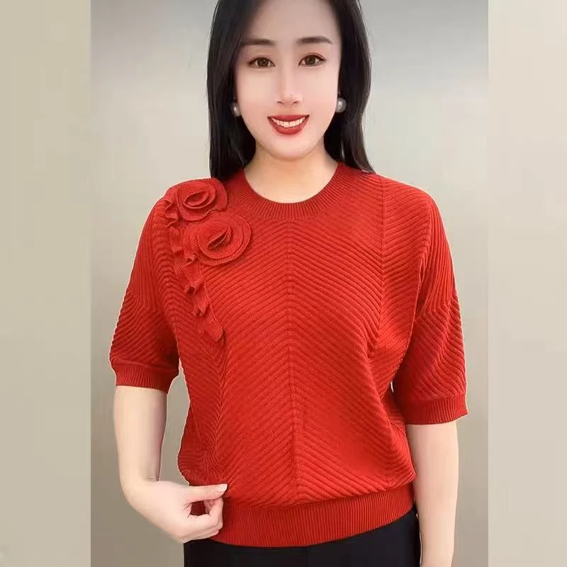 2025春季新款时尚中袖圆领宽松针织妈妈上衣