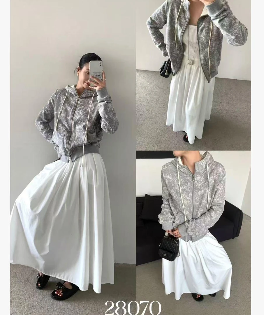 杨杨 DH-春季新款连帽雪花图案做旧宽松百搭短款休闲外套28070