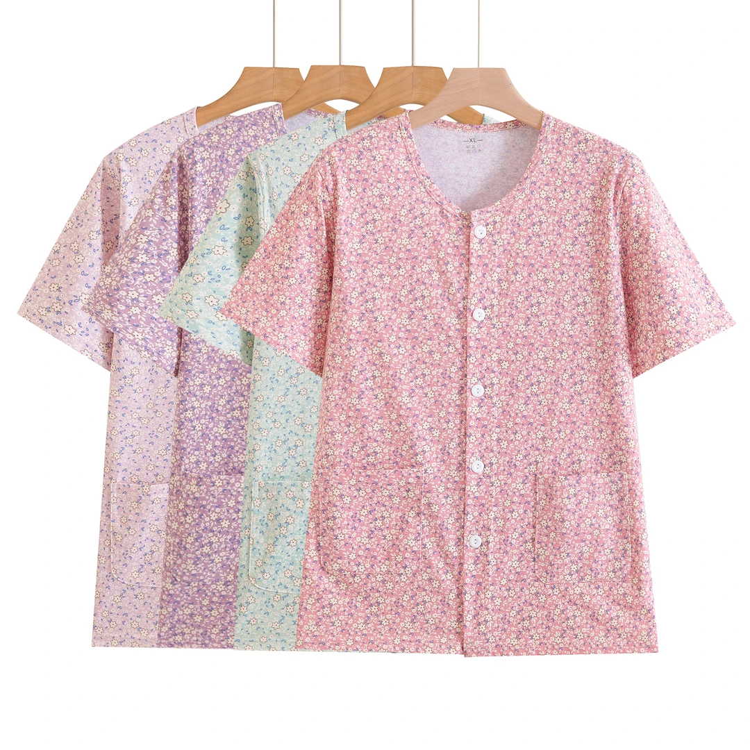 纯棉开衫半袖女系扣短袖背心家居服妈妈装中老年夏装睡衣加肥加大