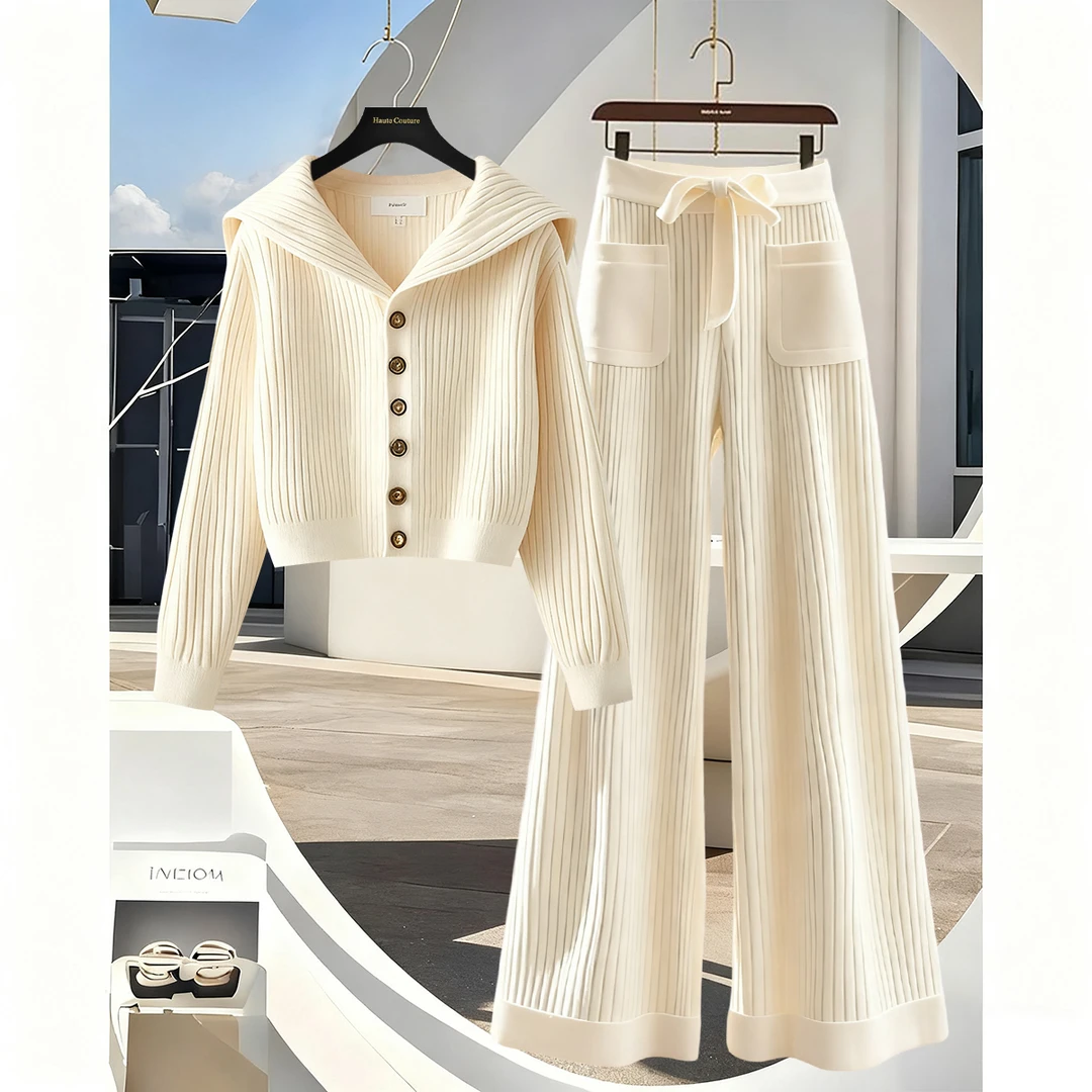 秋季新款时尚大翻领针织毛衣外套洋气减龄显瘦阔腿裤子两件套装女