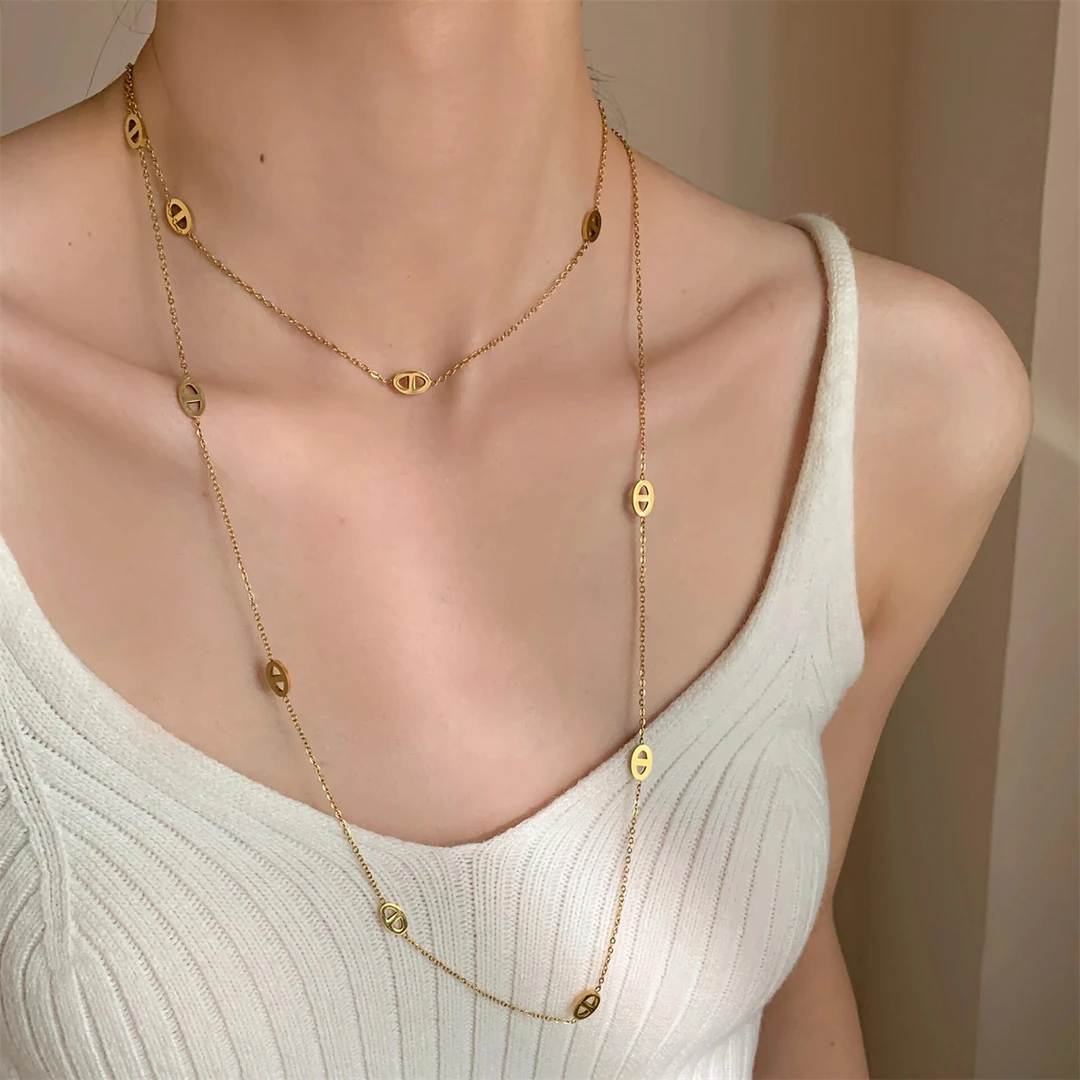 钛钢项链 简约多戴法欧美猪鼻子项链超长120cm小众设计叠戴毛衣链