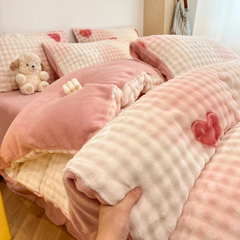 【工厂直销】冬季牛奶泡泡绒加厚四件套双面牛奶绒保暖床上用品