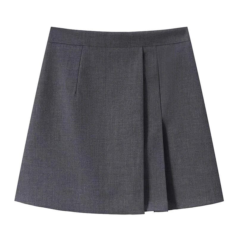 灰色西装高腰a字短裙女2025春秋小个子a字不规则百褶半身短裙