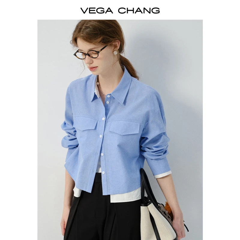 VEGA CHANG蓝色衬衫女长袖2025年春秋新款学院风假两件短款上衣