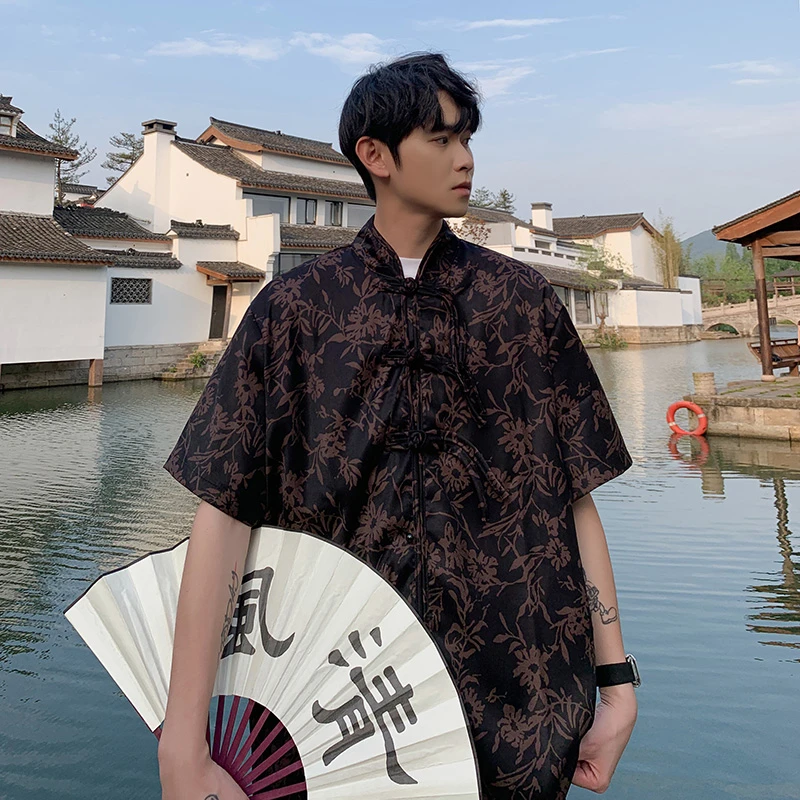 复古潮牌青年唐装男夏季薄款中国风印花短袖衬衫大码宽松半袖茶服