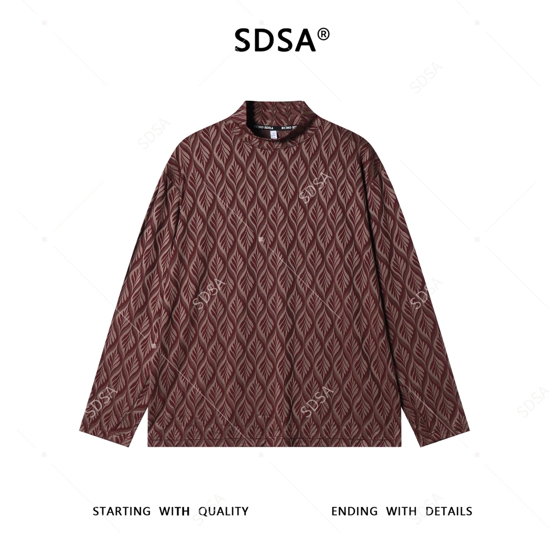 SDSA男士秋冬新款痞帅男装潮牌满印树叶提花半高领长袖T恤百搭