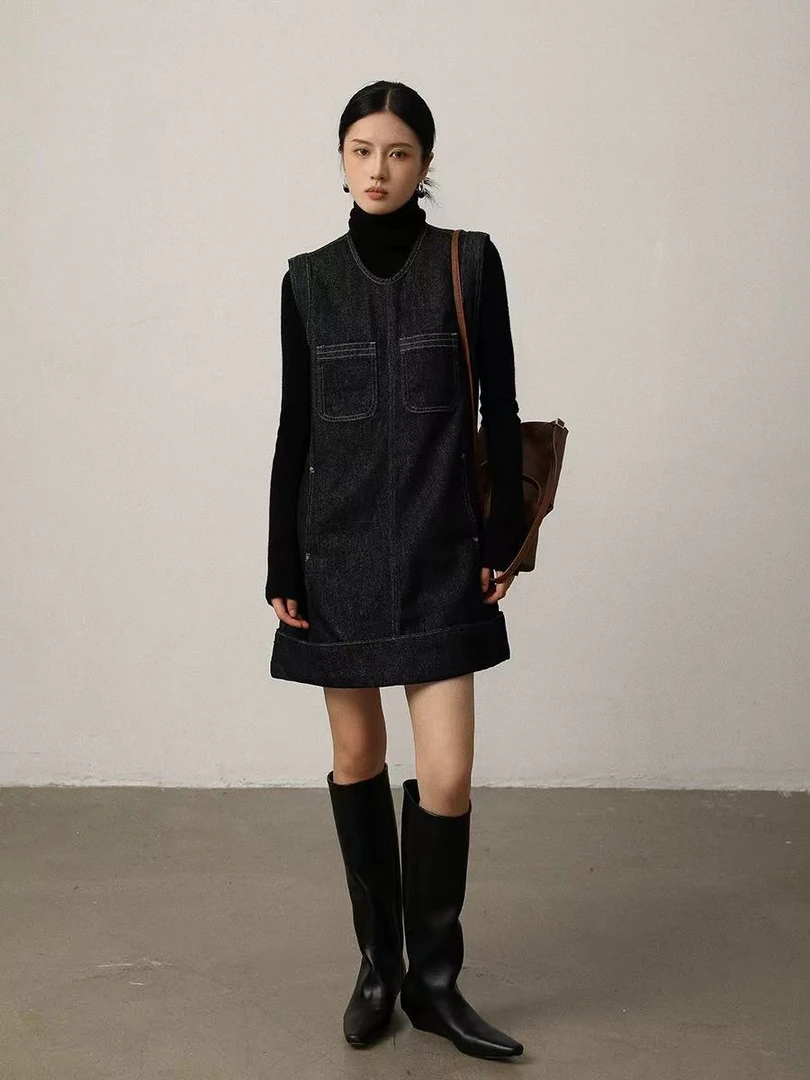 2025新款牛仔裙无袖连衣裙显瘦收腰A字裙U领春夏新品叠穿背心裙