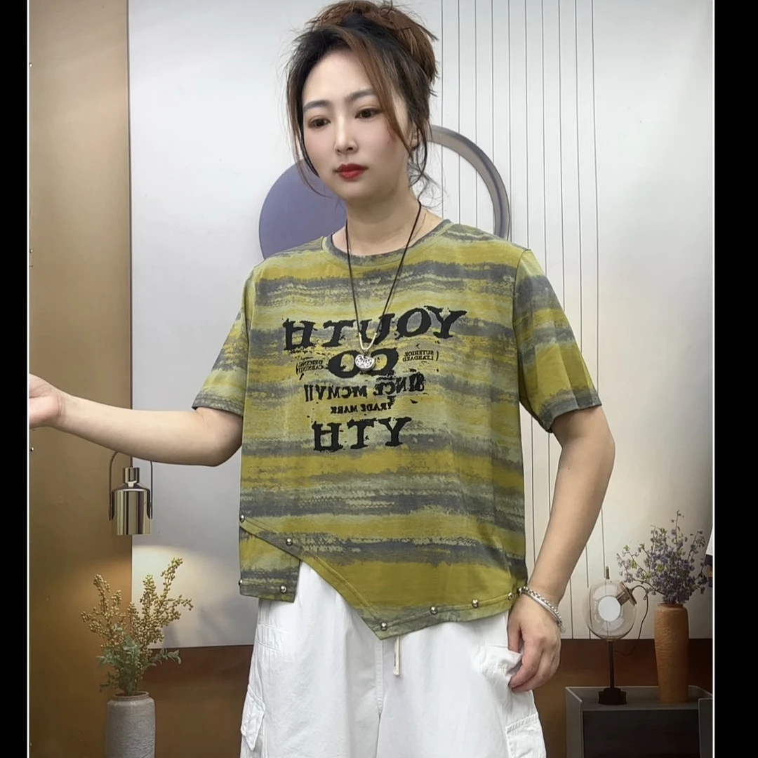 2025年夏季新款个性时尚减龄不规则条纹上衣短袖潮牌个性百搭洋气