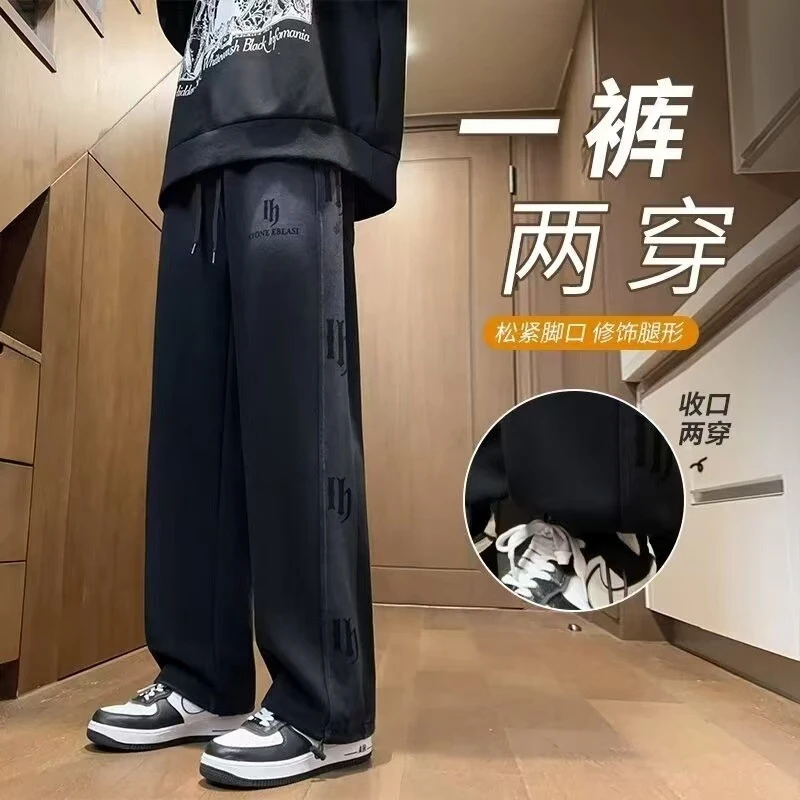 爆款男生冬季新款加绒加厚水洗磨白卫裤青少年学生潮流帅气休闲裤