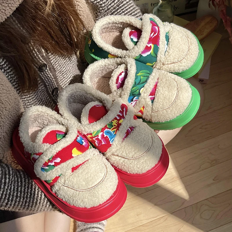 大花棉拖鞋女冬季2024新款室内居家厚底防滑外穿加绒保暖包跟棉鞋
