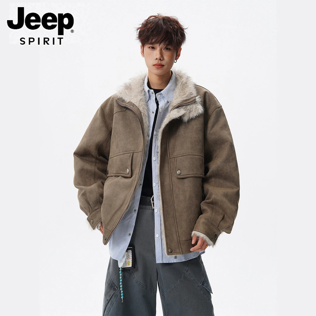 JEEPSPIRIT美式重磅毛绒翻领棉衣男冬季休闲复古棉衣宽松保暖外套