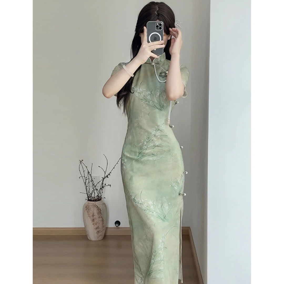 【9440】年轻款气质绿色旗袍优雅女短袖连衣裙新款新中式改良旗袍